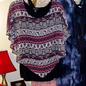 Women’s AB Studio top, built in black tank, handkerchief sheer overlay, navy